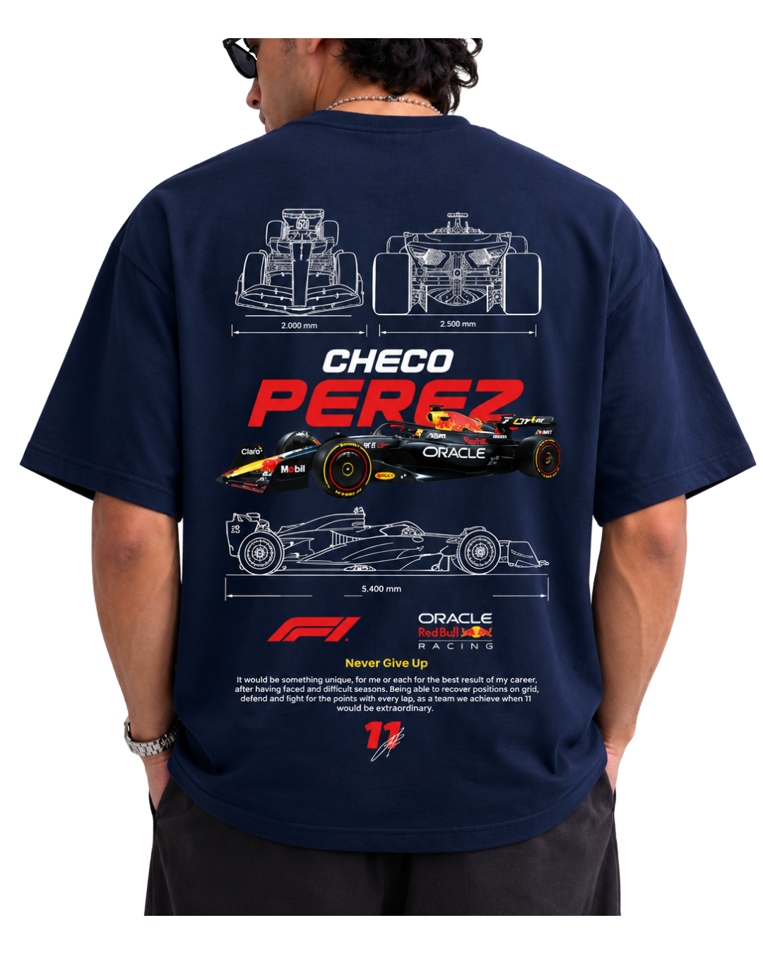 Men's Oversized Drop Shoulder Cotton  Navy Blue T Shirt | Checo Perez F1 Racing