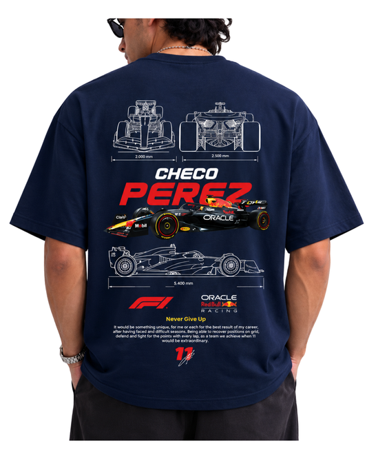 Men's Oversized Drop Shoulder Cotton  Navy Blue T Shirt | Checo Perez F1 Racing