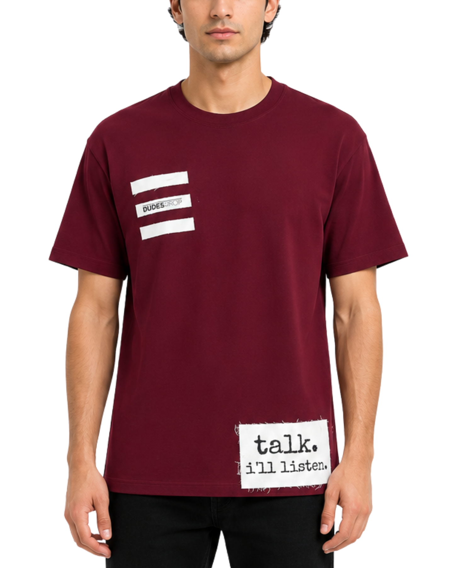 Maroon Drop Shoulder Streetwear T-Shirt with Graphic Patch