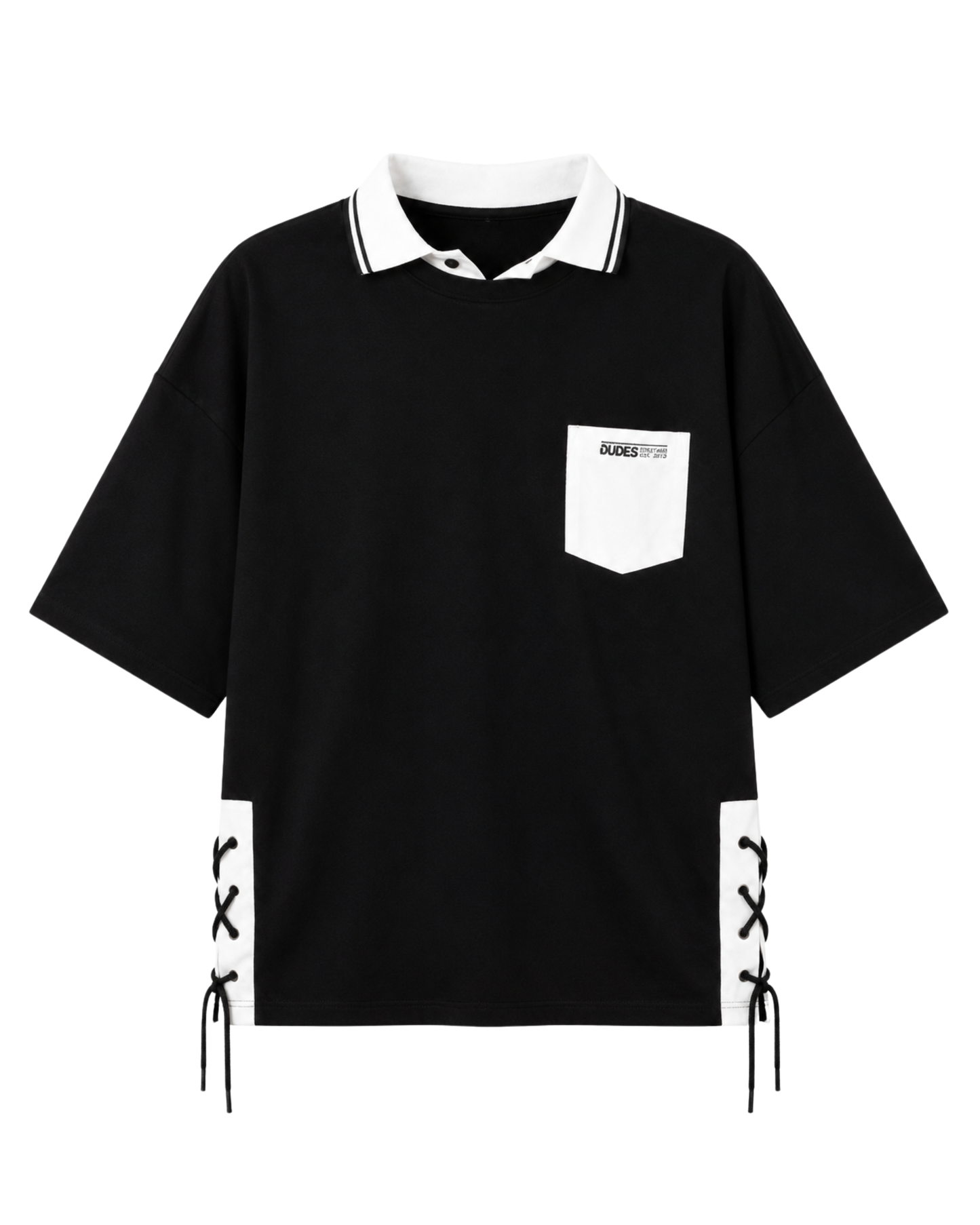 Black Oversized Drop Shoulder Layered Collar Graphic Tee
