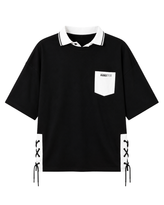 Black Oversized Drop Shoulder Layered Collar Graphic Tee