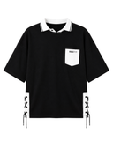 Black Oversized Drop Shoulder Layered Collar Graphic Tee