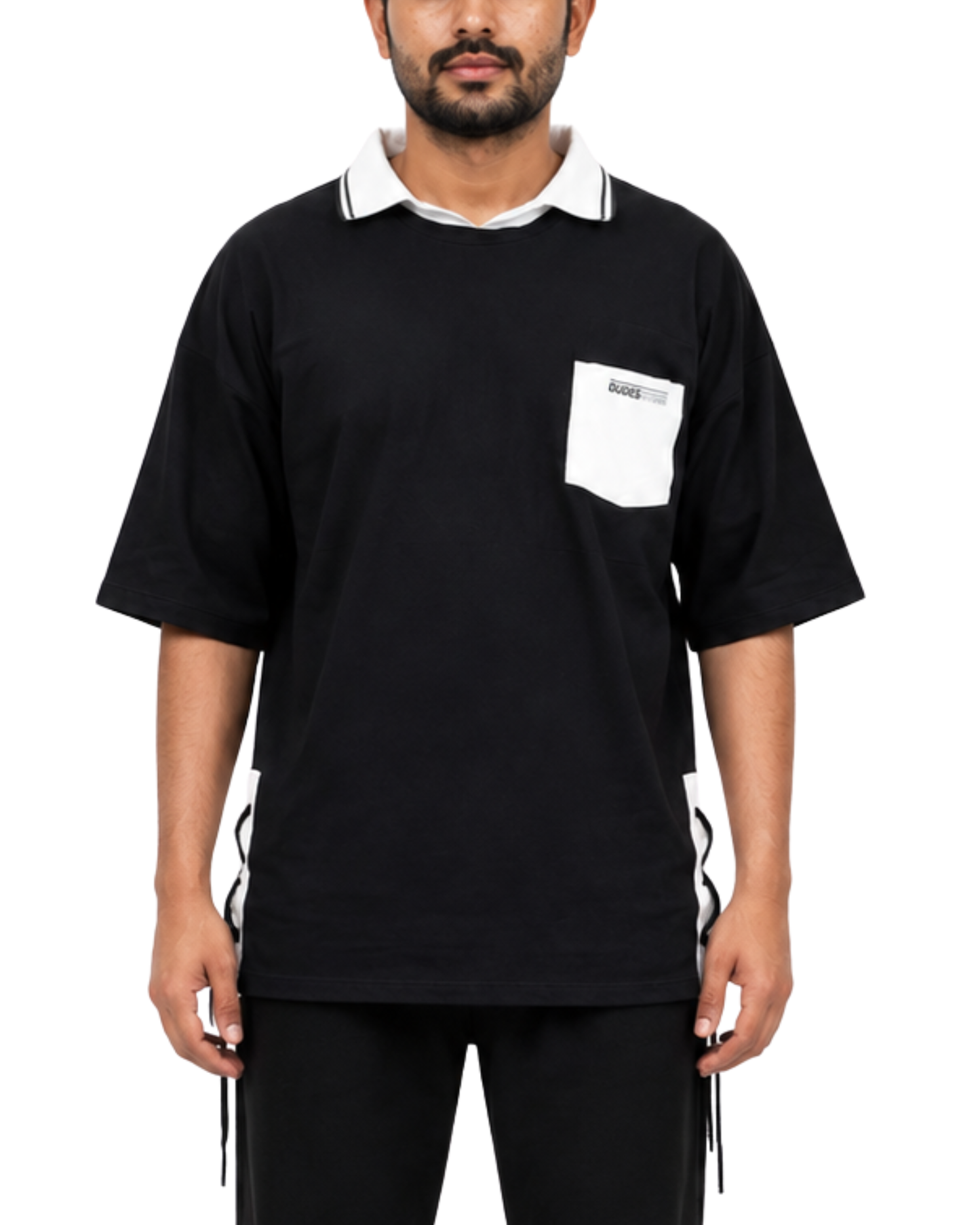 Black Oversized Drop Shoulder Layered Collar Graphic Tee