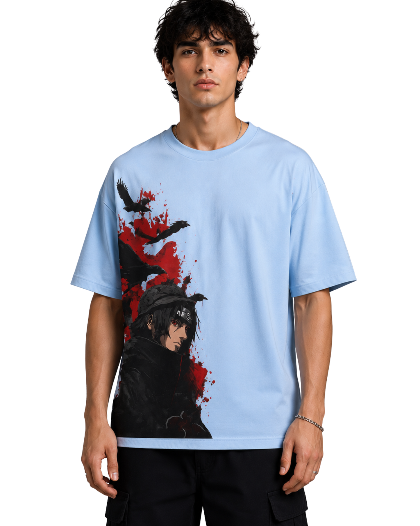 Men's Oversized Drop Shoulder Cotton T Shirt | Naruto Itachi Uchiha Anime Tee  Sky Blue