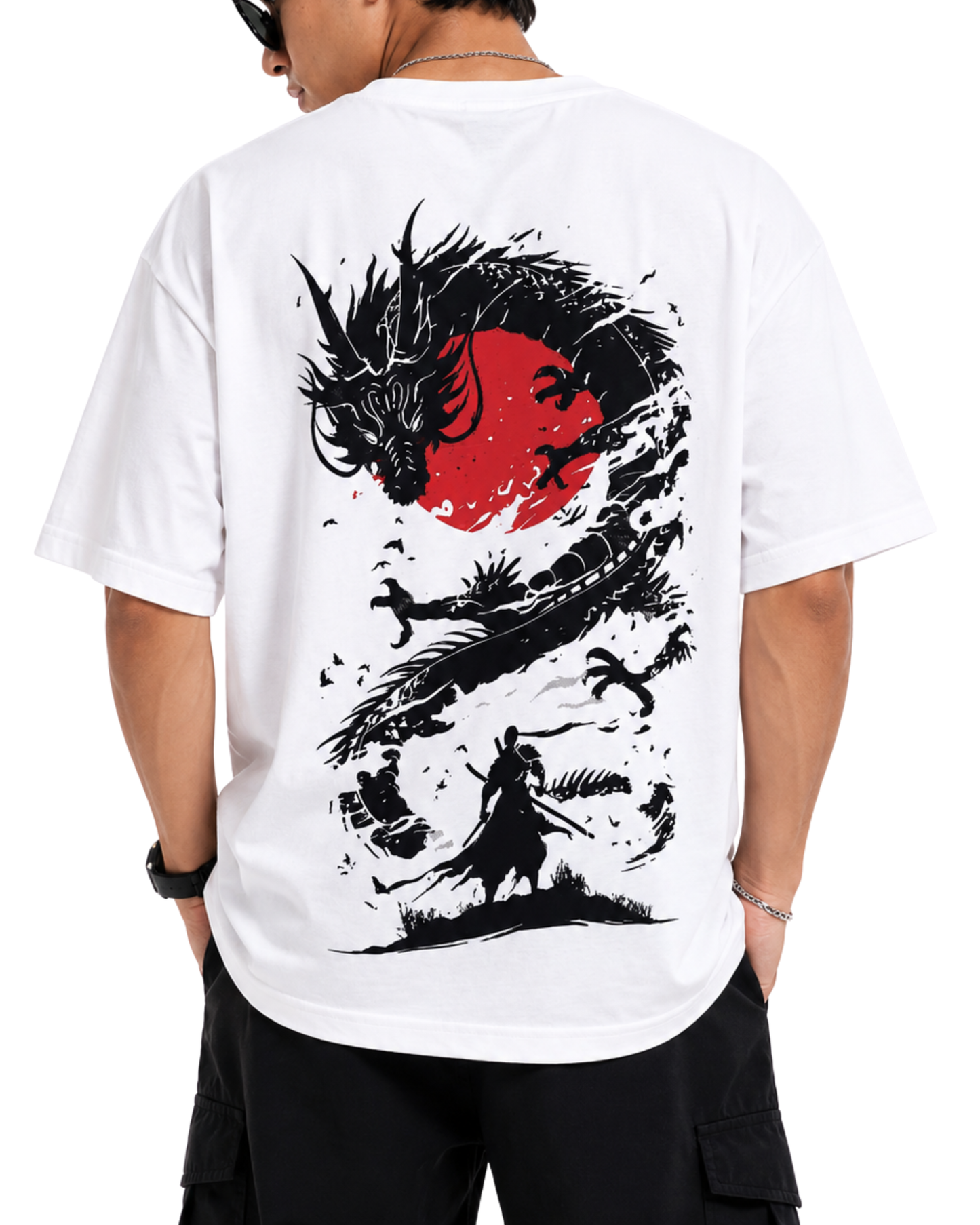 Men's Oversized Drop Shoulder Cotton T Shirt | Crimson Dragon Ascension