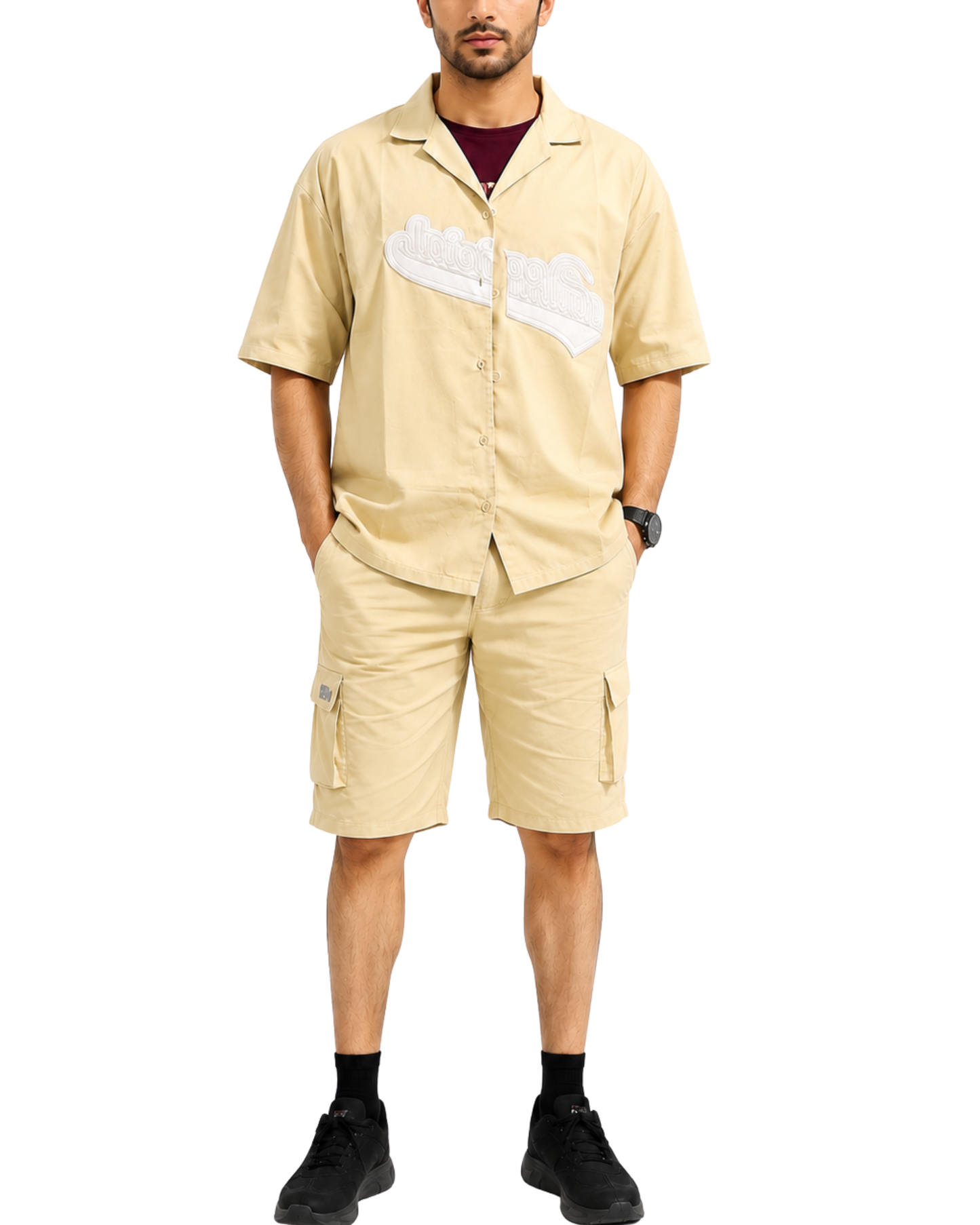 Men's Relaxed Fit Cuban Collar Shirt & Cargo Shorts Co-Ord Set Beige