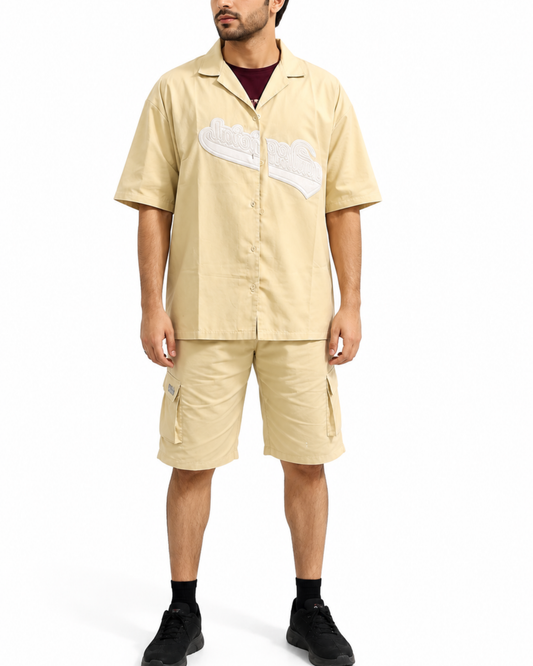 Men's Relaxed Fit Cuban Collar Shirt & Cargo Shorts Co-Ord Set Beige