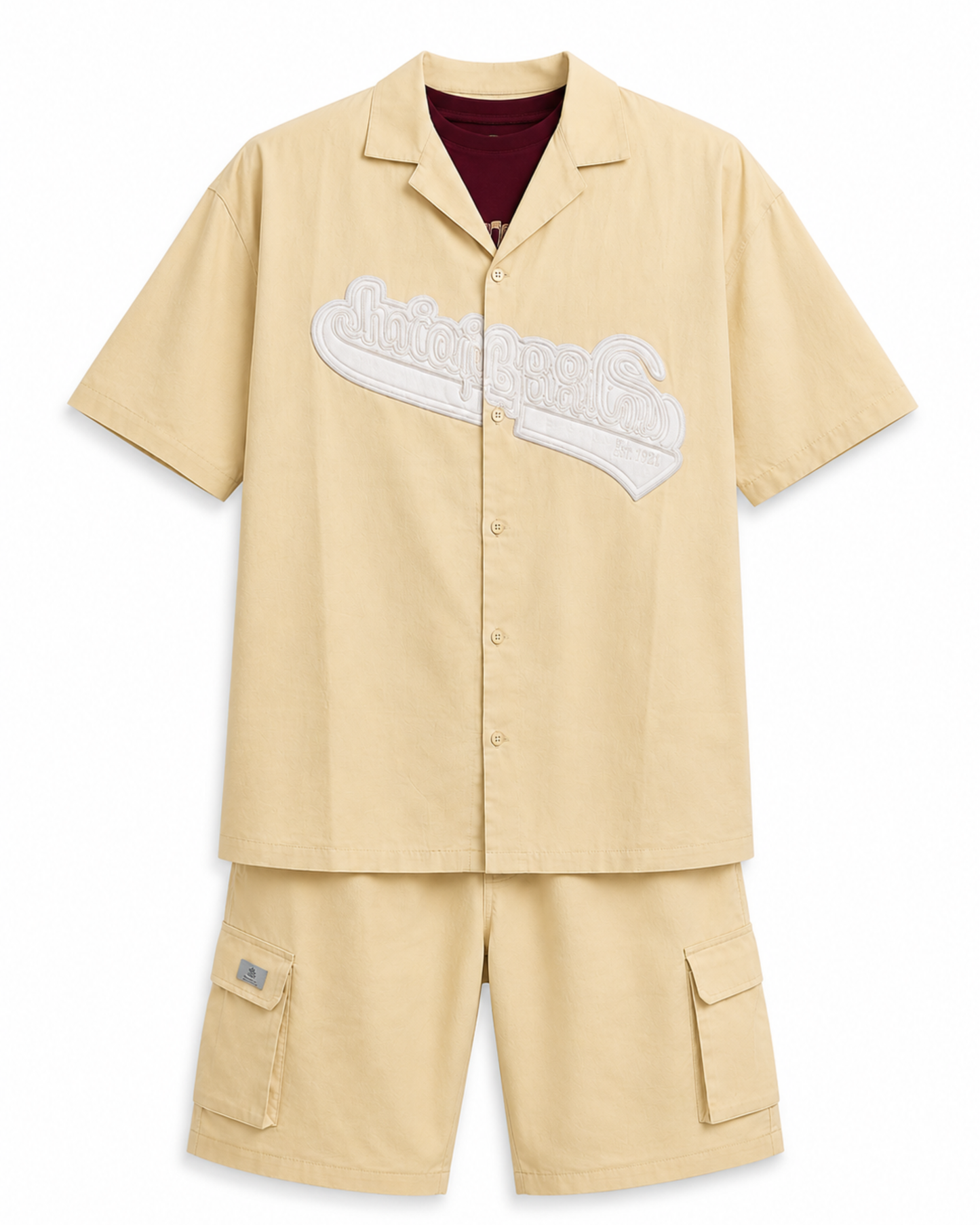 Men's Relaxed Fit Cuban Collar Shirt & Cargo Shorts Co-Ord Set Beige