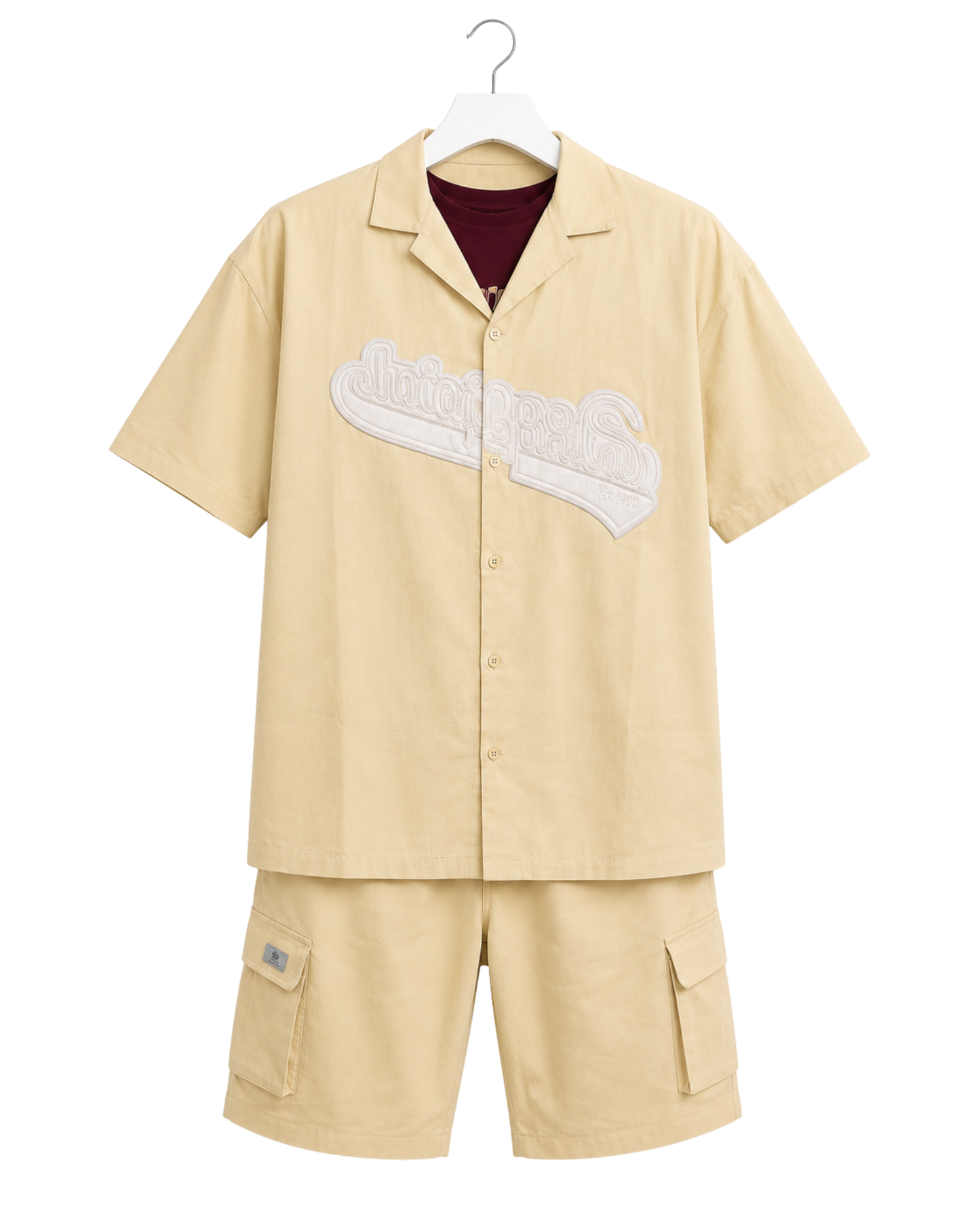 Men's Relaxed Fit Cuban Collar Shirt & Cargo Shorts Co-Ord Set Beige