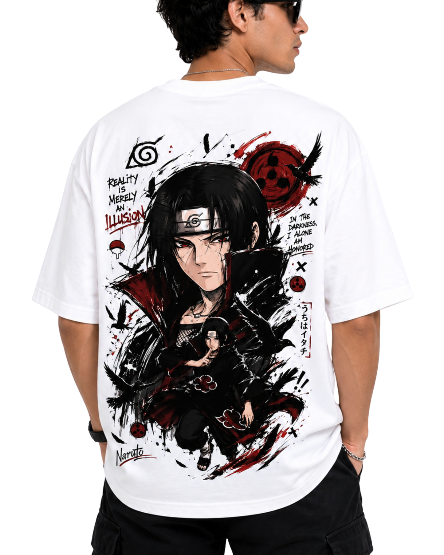 Men's Oversized Drop Shoulder Cotton T Shirt | Itachi Uchiha Illusion