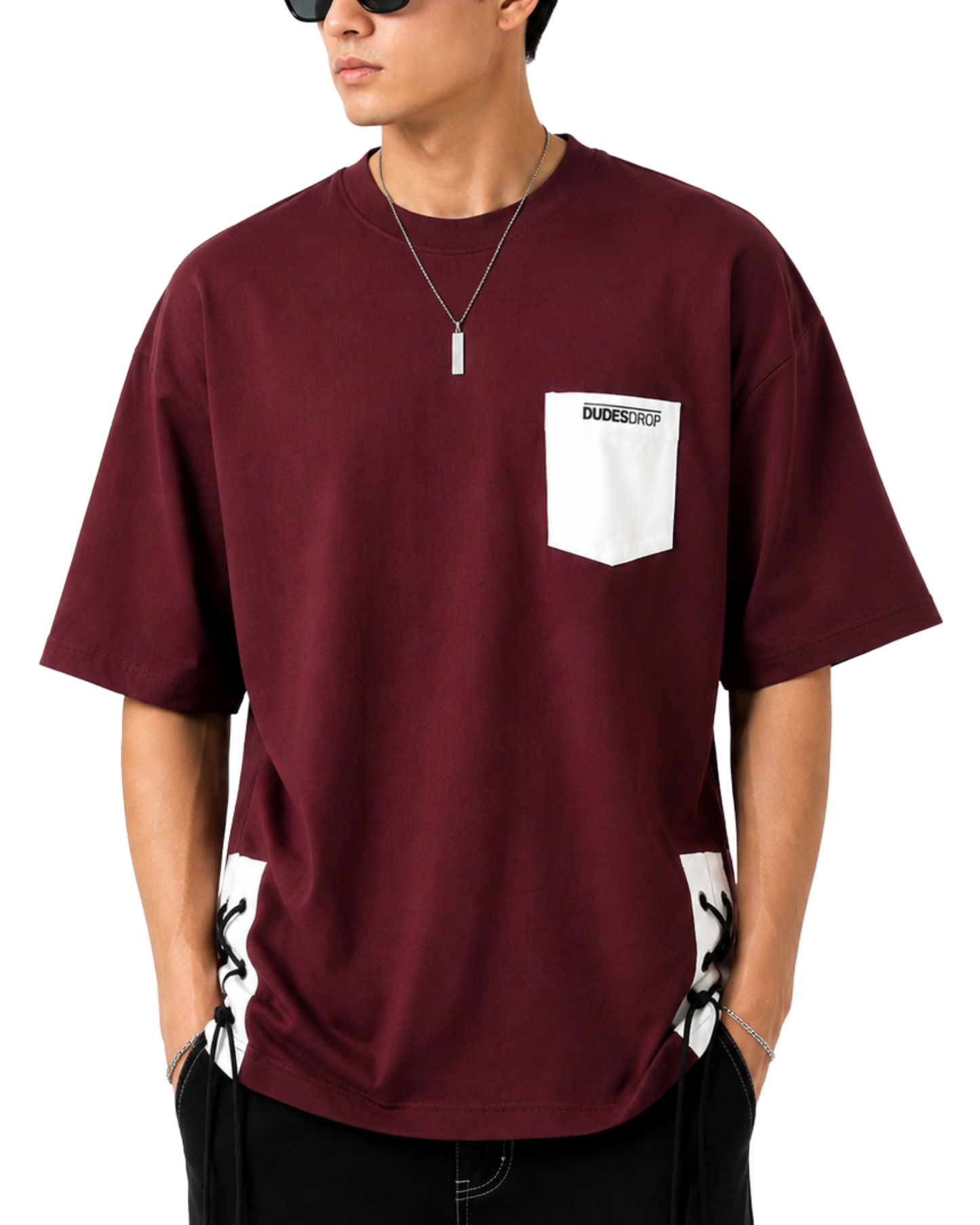 Men's Oversized Drop Shoulder Cotton T Shirt | Lace Side Pocket