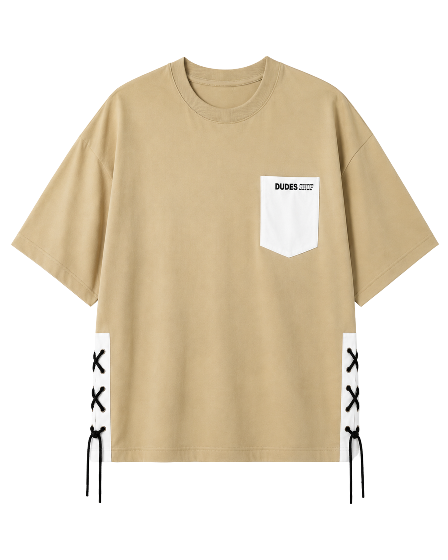 Men's Oversized Drop Shoulder Cotton T Shirt | Beige Lace-Up Streetwear Tee