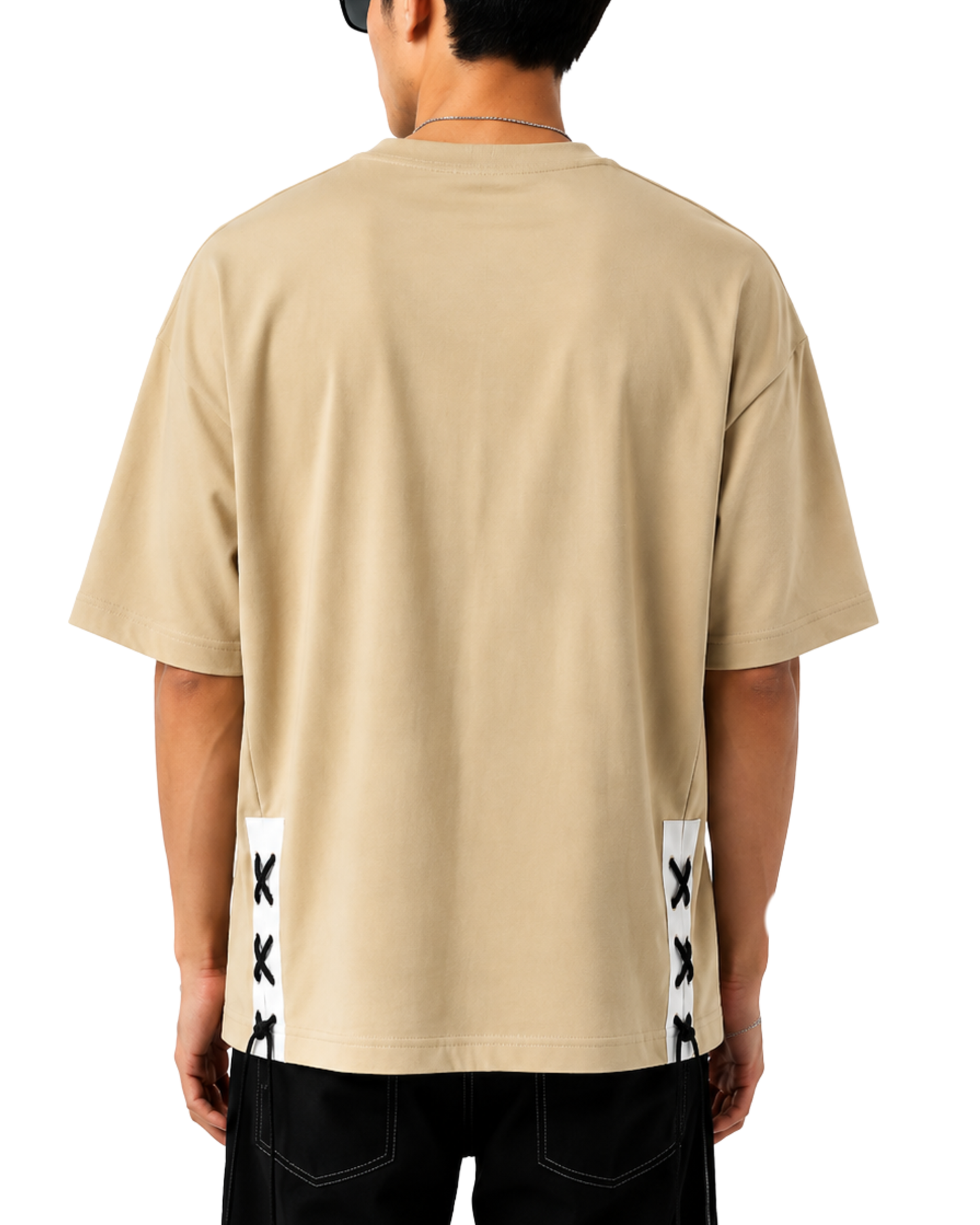 Men's Oversized Drop Shoulder Cotton T Shirt | Beige Lace-Up Streetwear Tee