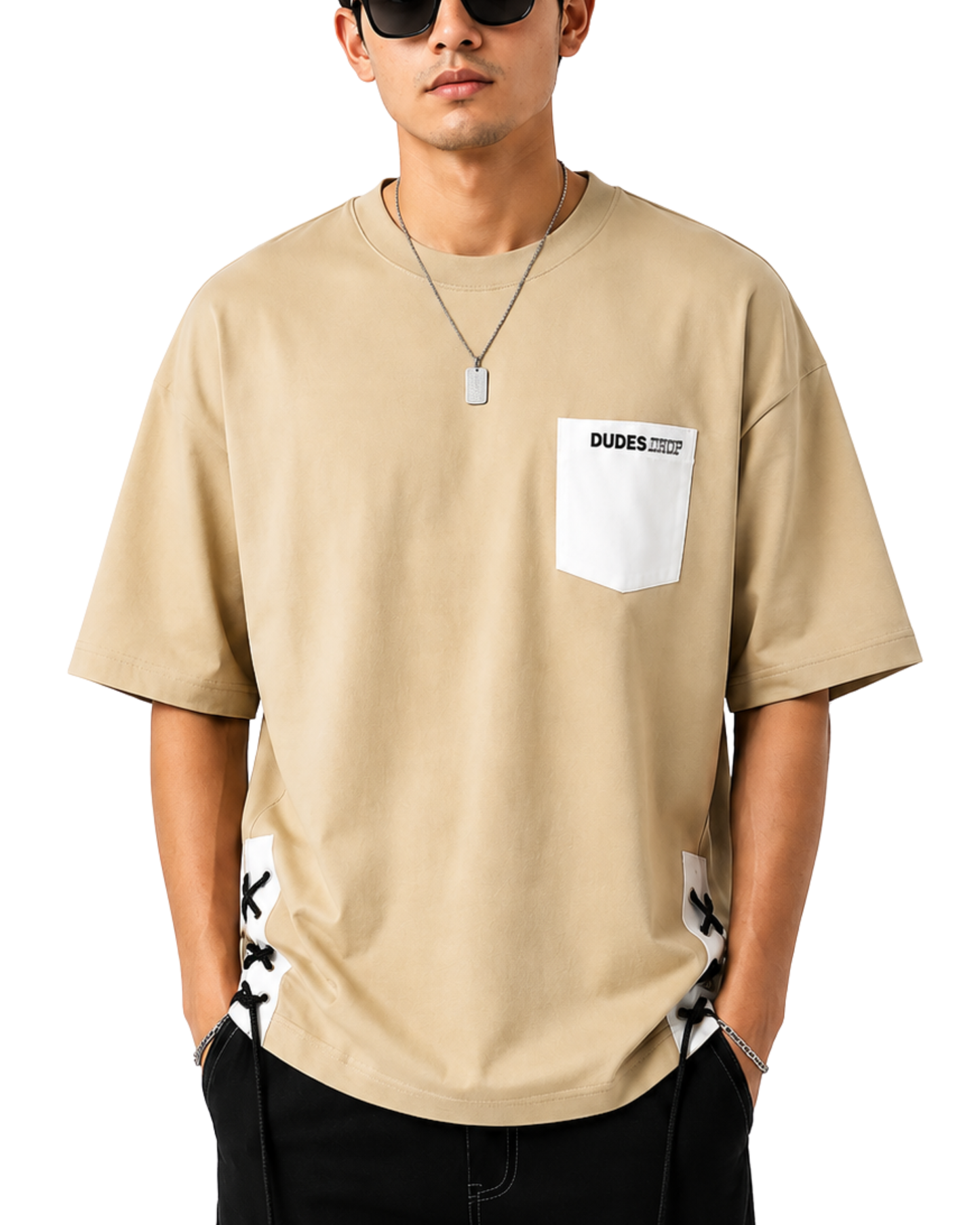 Men's Oversized Drop Shoulder Cotton T Shirt | Beige Lace-Up Streetwear Tee
