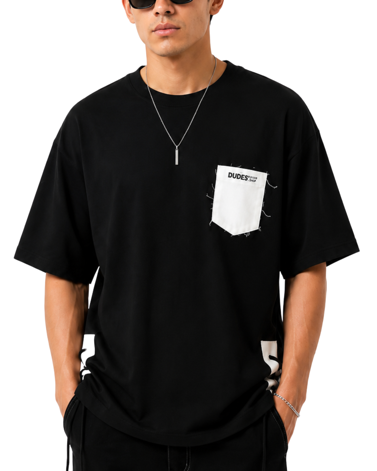 Men's Oversized Drop Shoulder Cotton T Shirt | Black Lace-Up Streetwear Tee