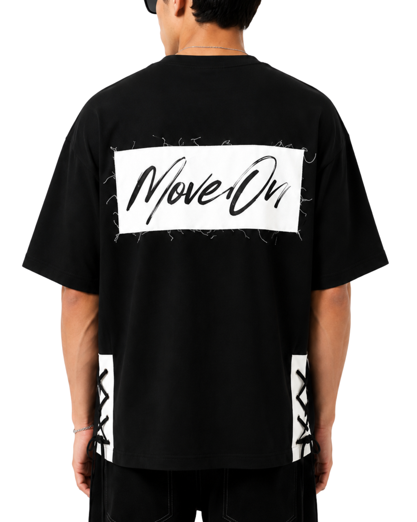 Men's Oversized Drop Shoulder Cotton T Shirt | Black Lace-Up Streetwear Tee