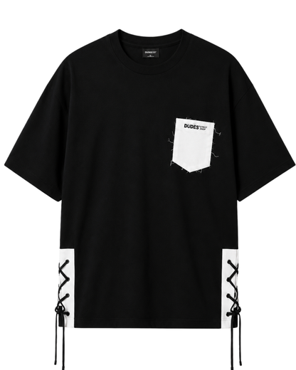 Men's Oversized Drop Shoulder Cotton T Shirt | Black Lace-Up Streetwear Tee
