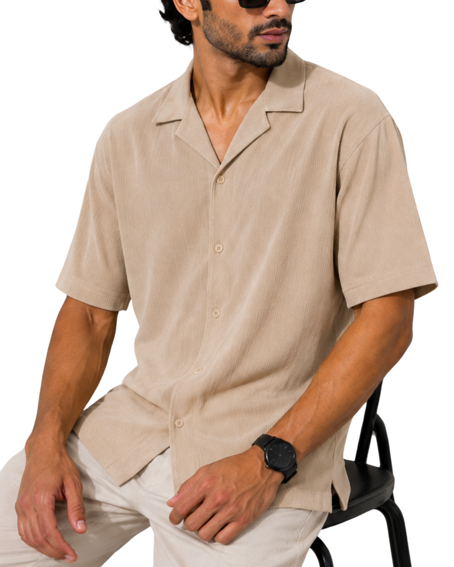 Men's Soft Thermal Cuban Collar Beige Shirt | Textured Relaxed Fit
