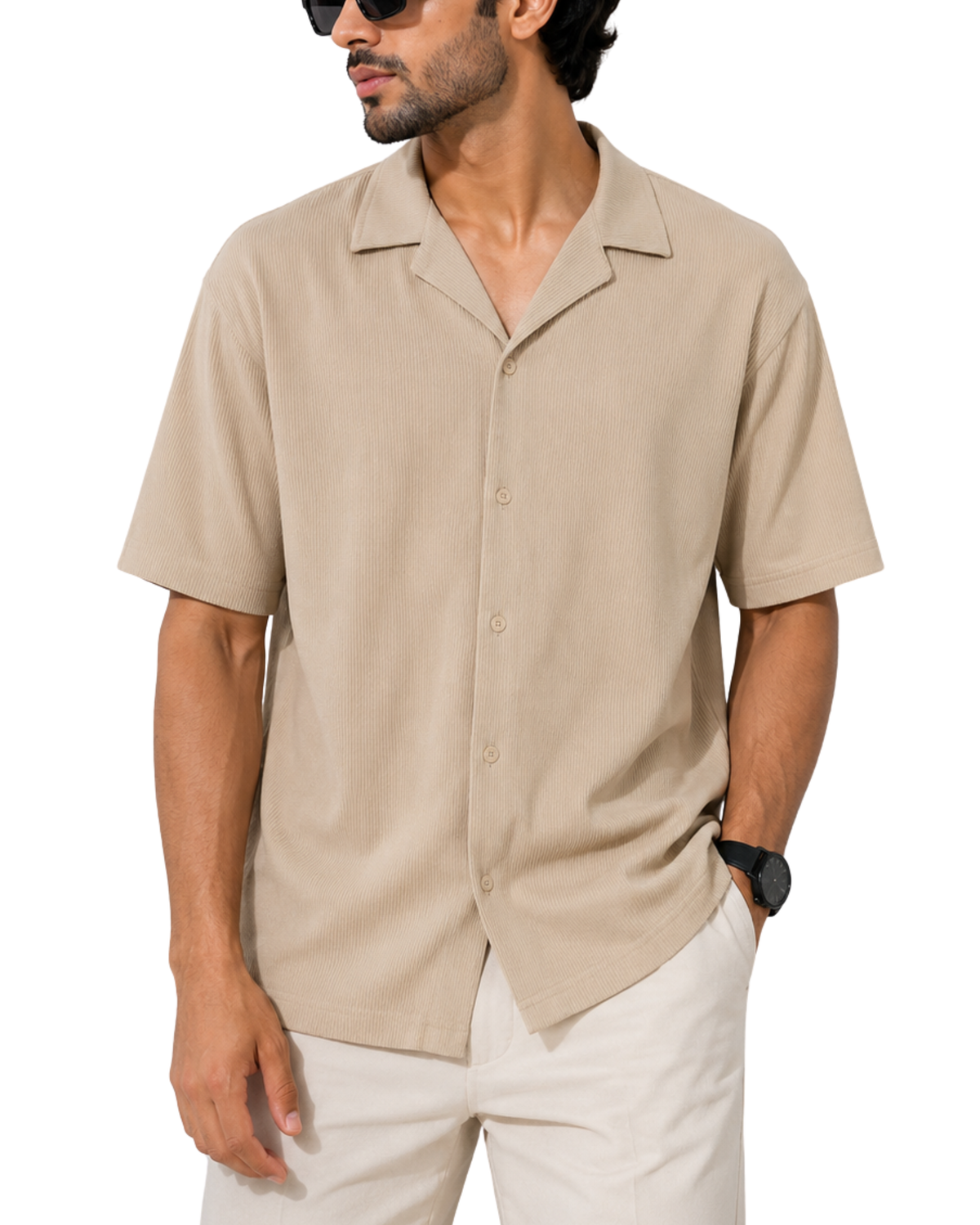 Men's Soft Thermal Cuban Collar Beige Shirt | Textured Relaxed Fit