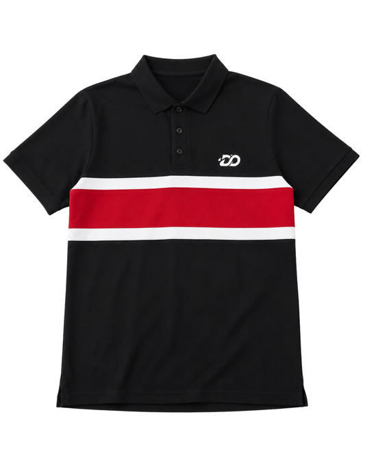 Men’s Black Piqué Polo Shirt | Red & White Color Block Stripe