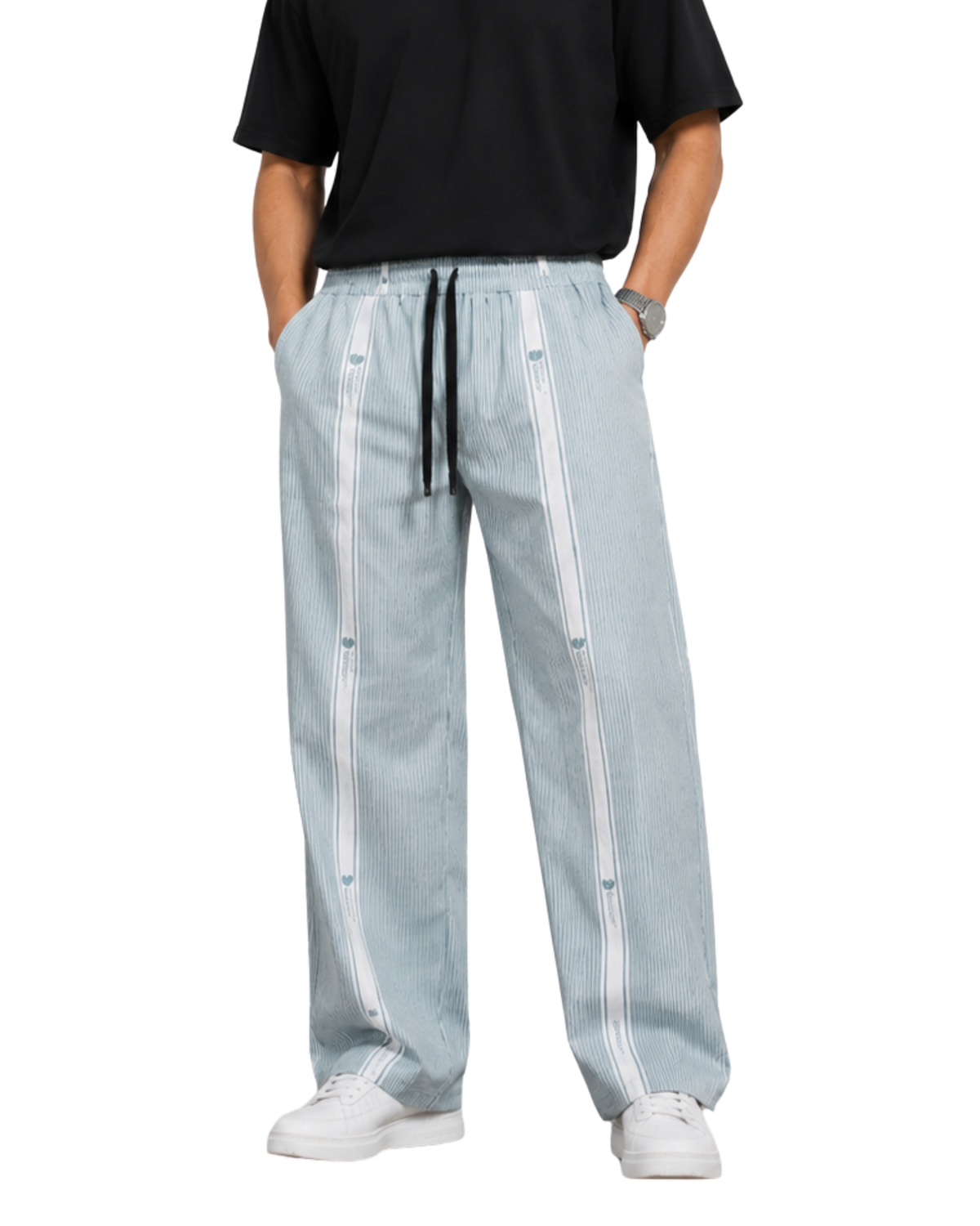 Men’s Light Blue Striped Wide Leg Trouser | Baggy Relaxed Fit Pants