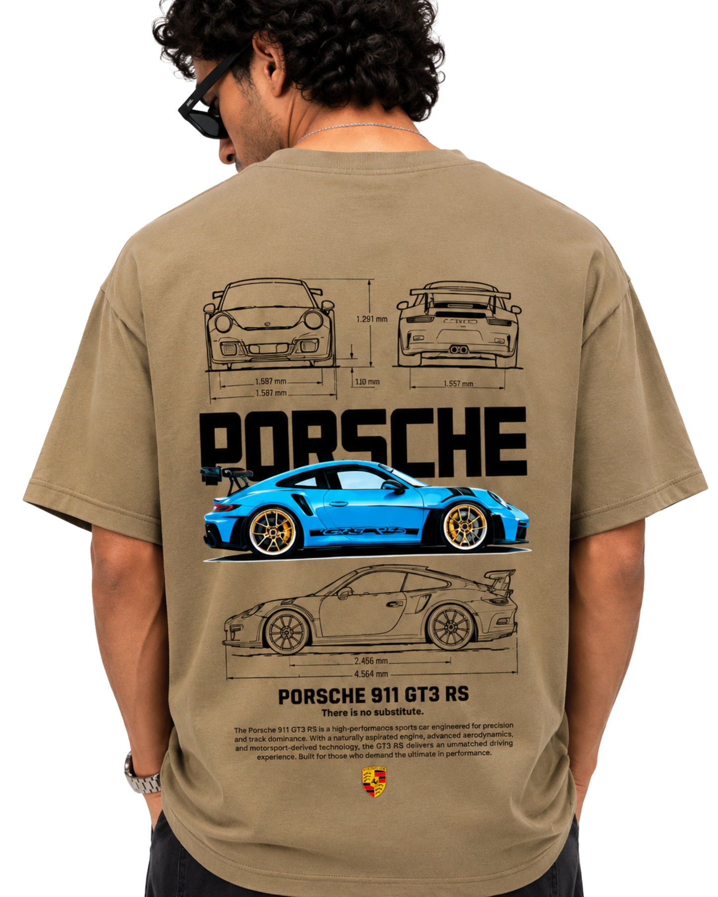 Men’s Oversized Drop Shoulder Cotton T-Shirt | Khaki Porsche 911 GT3 RS