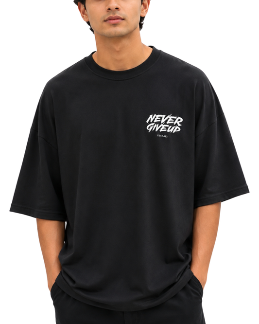 Men’s Oversized Drop Shoulder Cotton T-Shirt | Black Never Give Up Graphic Tee