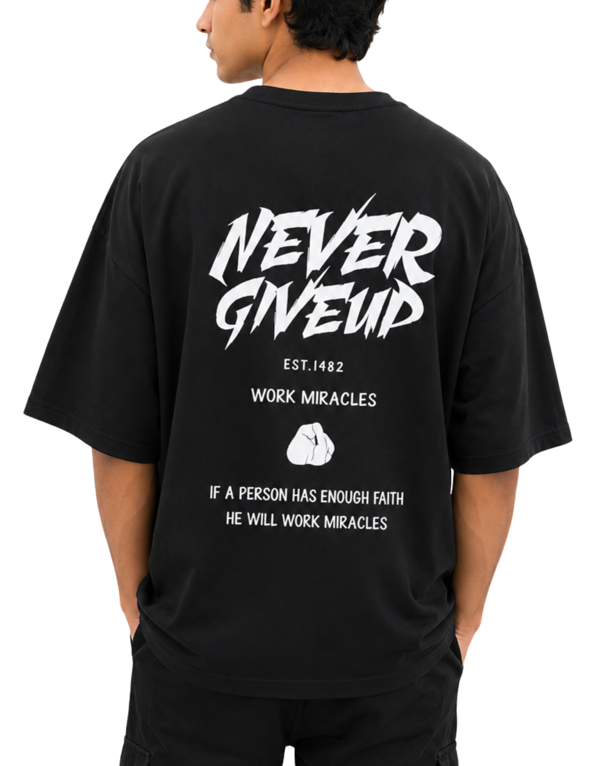 Men’s Oversized Drop Shoulder Cotton T-Shirt | Black Never Give Up Graphic Tee