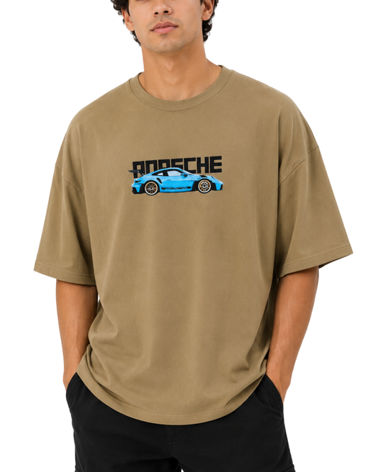 Men’s Oversized Drop Shoulder Cotton T-Shirt | Khaki Porsche 911 GT3 RS