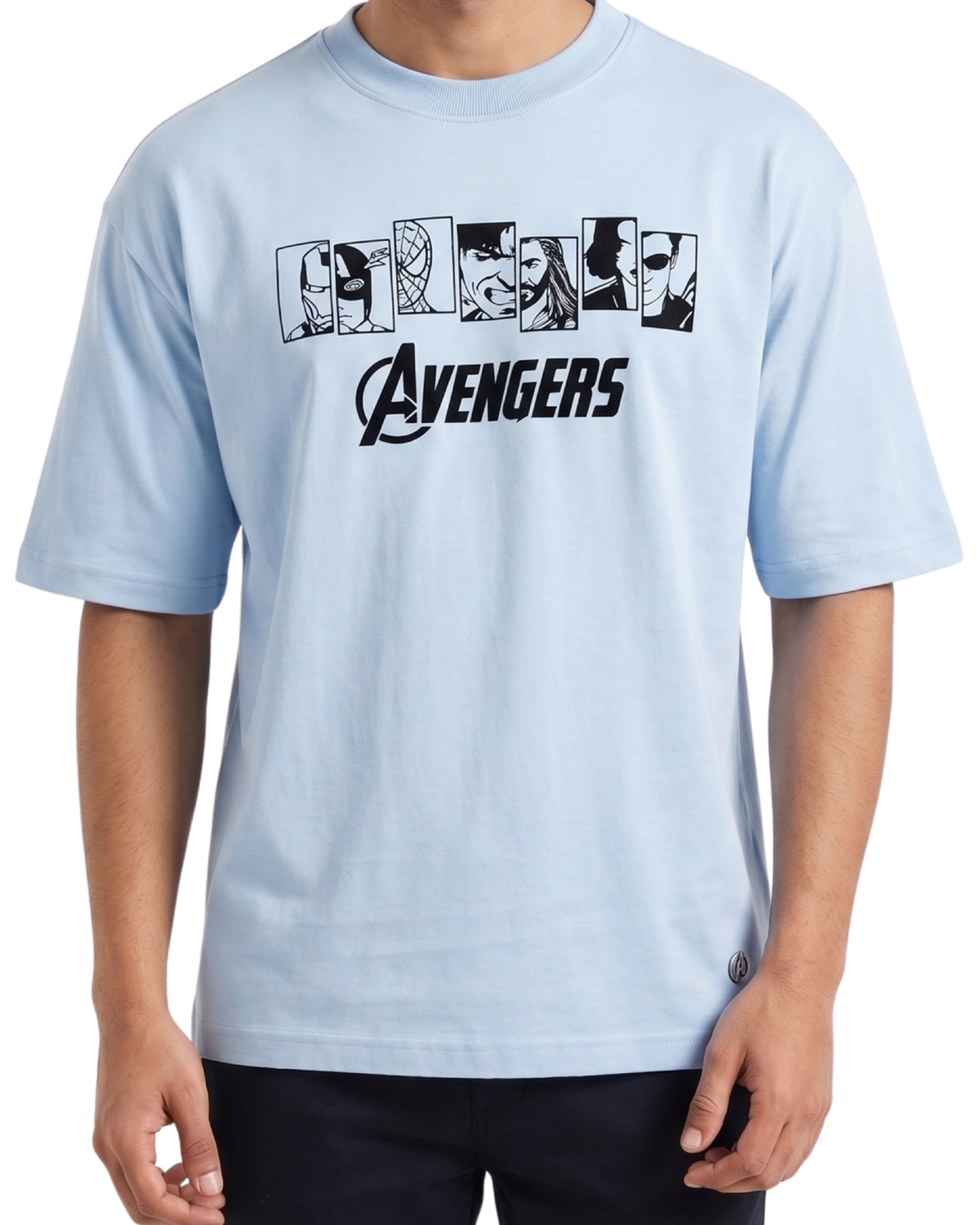 Men’s Oversized Drop Shoulder Cotton T-Shirt | Light Blue Avengers Graphic Tee