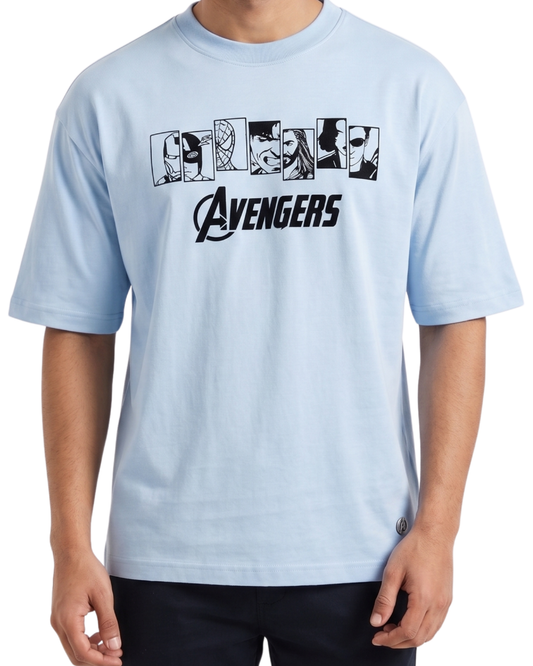 Men’s Oversized Drop Shoulder Cotton T-Shirt | Light Blue Avengers Graphic Tee