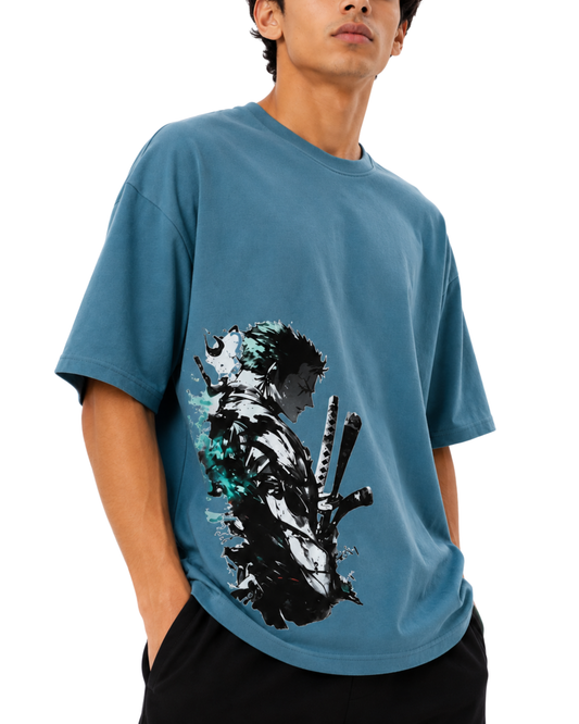 Men’s Oversized Drop Shoulder Cotton T-Shirt | Blue Anime Warrior Graphic Tee
