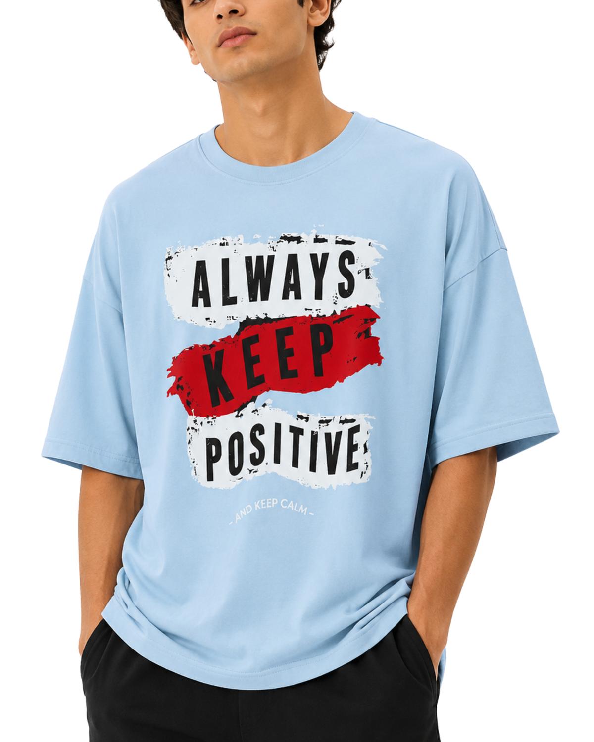 Men’s Oversized Drop Shoulder Cotton T-Shirt | Light Blue Keep Positive