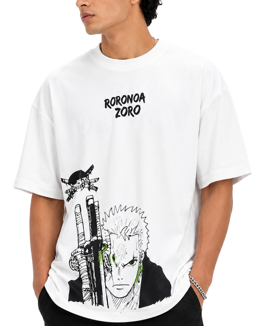 Men’s Oversized Drop Shoulder Cotton T-Shirt | Roronoa Zoro White