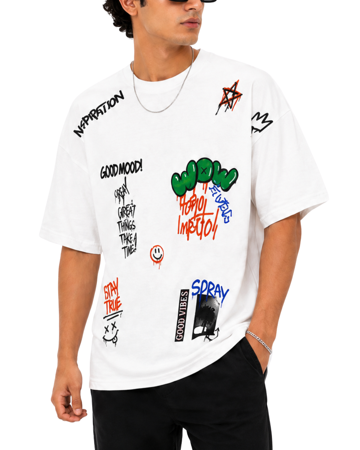 Men’s Oversized Drop Shoulder Cotton T-Shirt | Graffiti Streetwear White