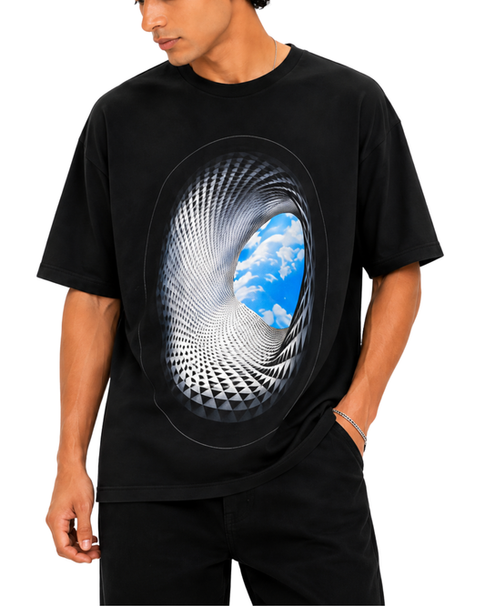 Men’s Oversized Drop Shoulder Cotton T-Shirt | 3D Tunnel Black  Graphic