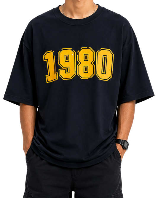 Men’s Oversized Drop Shoulder Mesh Fabric T-Shirt | 1980 Graphic