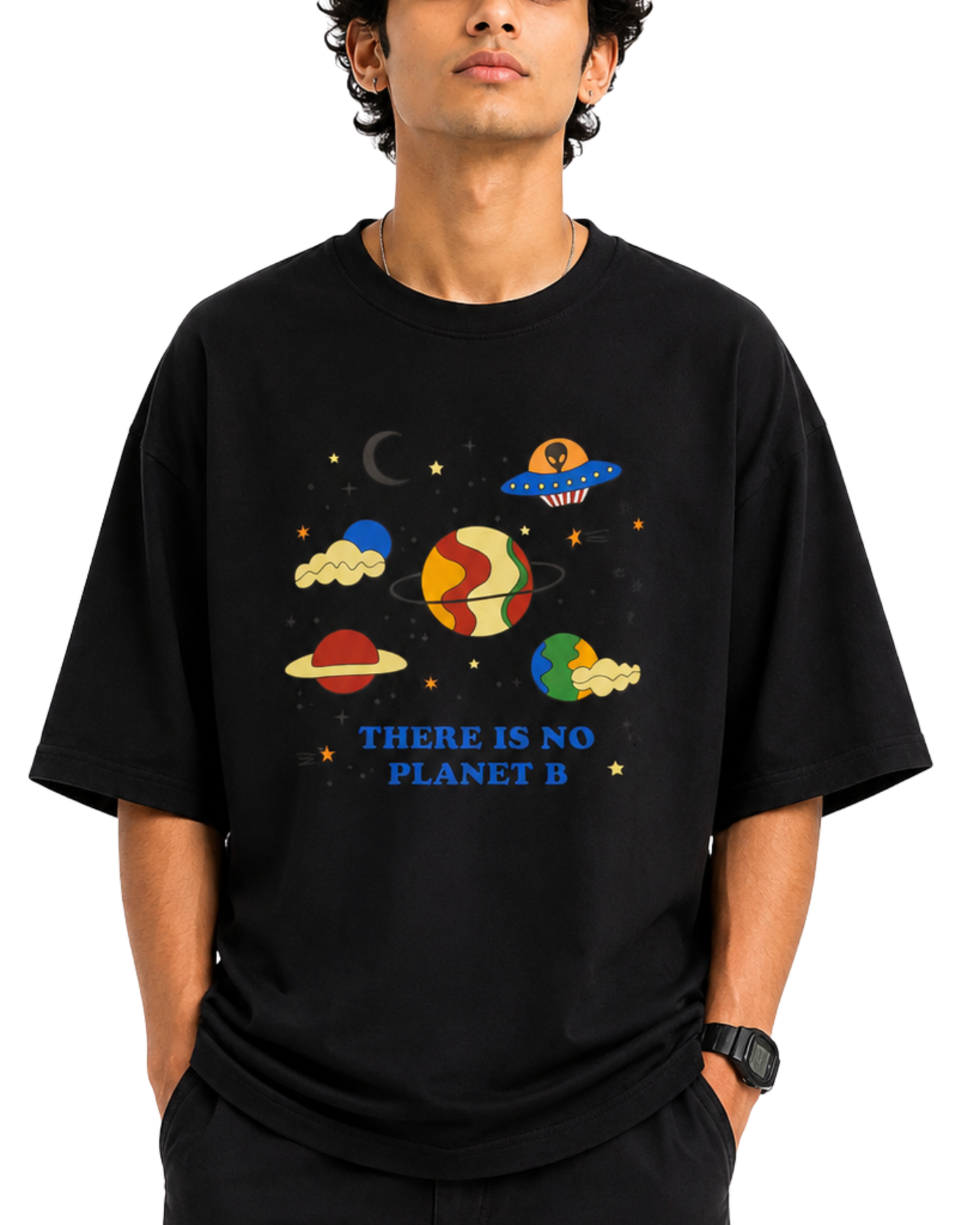 Men’s Oversized Drop Shoulder Mesh T-Shirt | Cosmic Planet Graphic