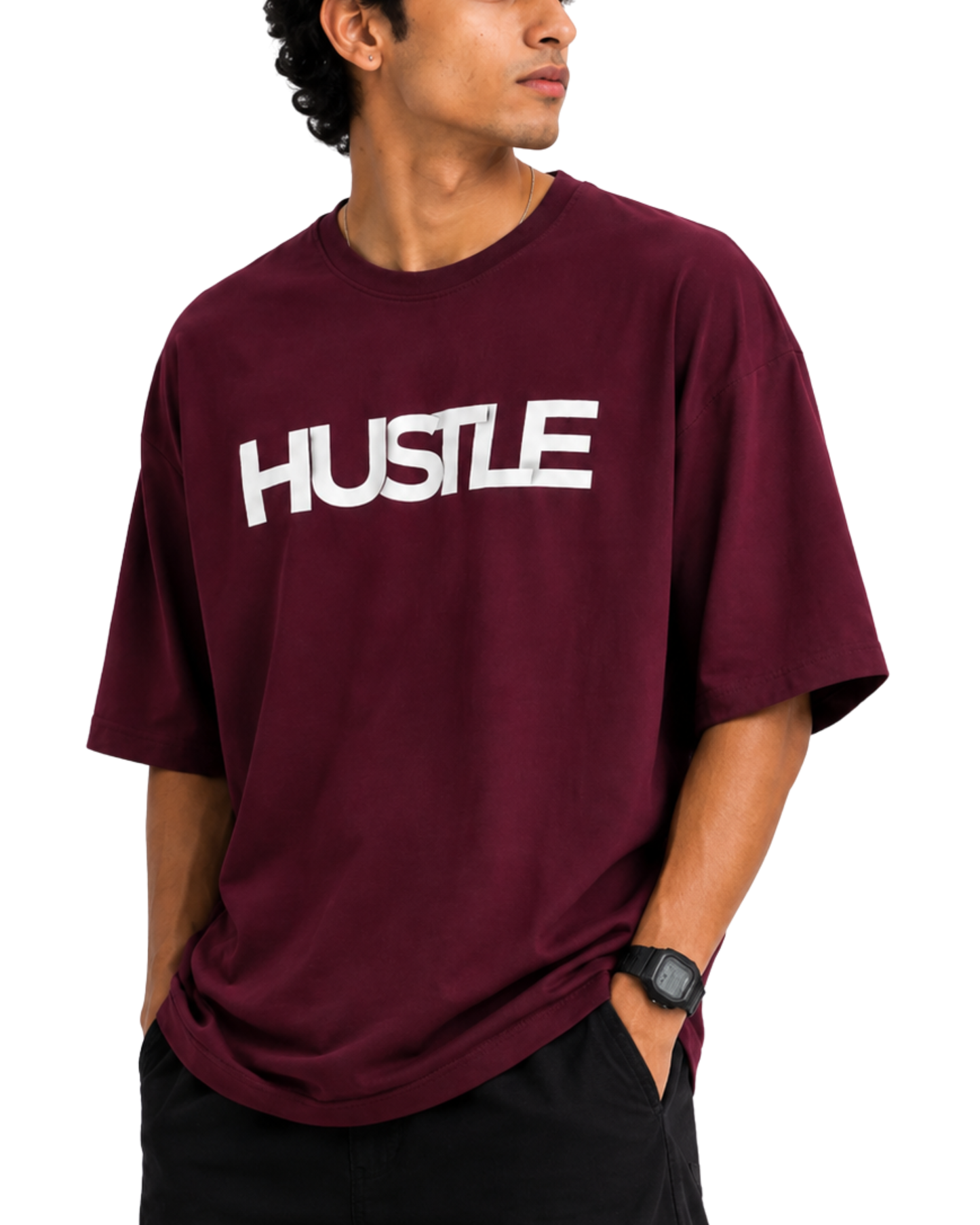 Men’s Oversized Drop Shoulder Cotton T-Shirt | Hustle Graphic - Maroon