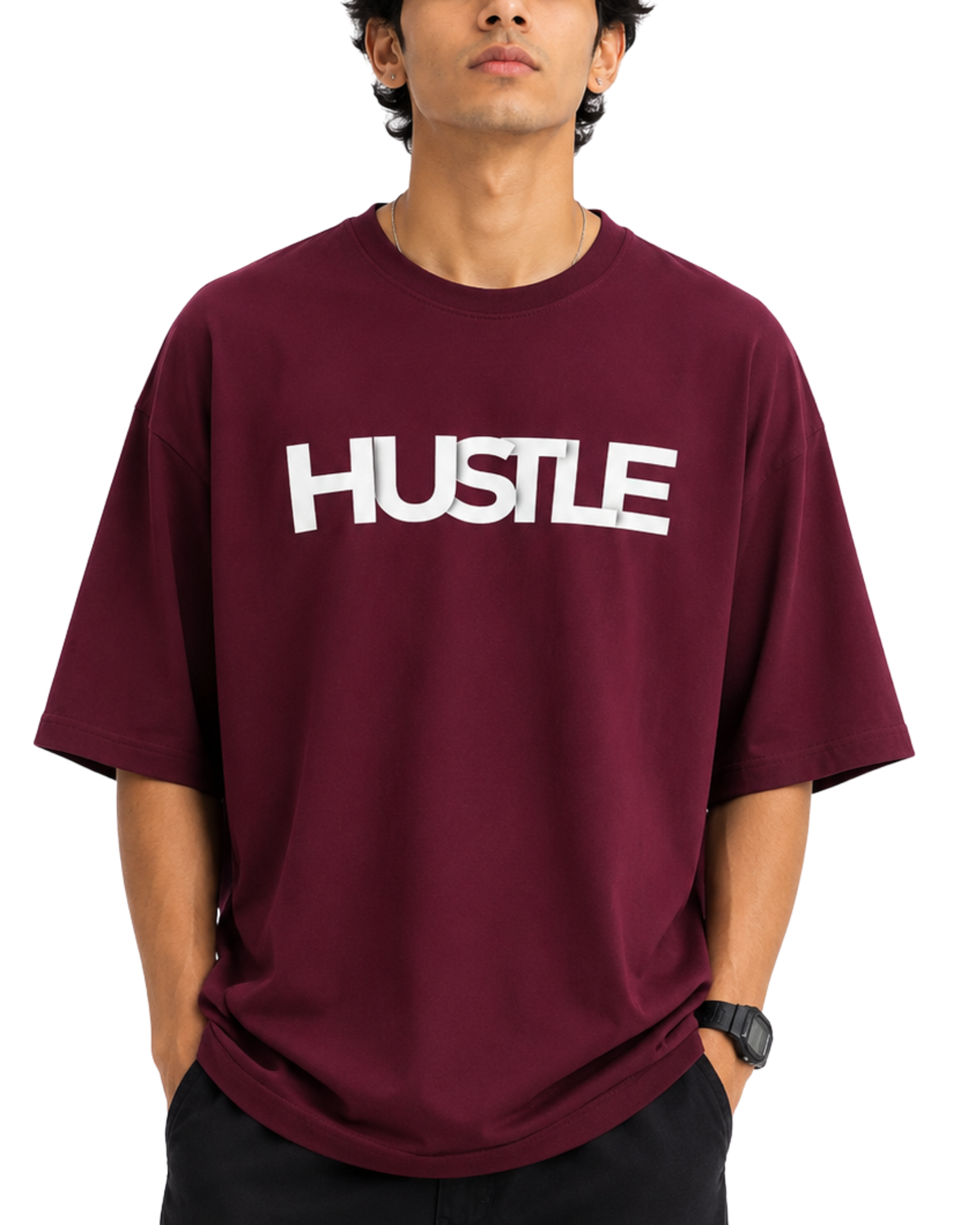 Men’s Oversized Drop Shoulder Cotton T-Shirt | Hustle Graphic - Maroon