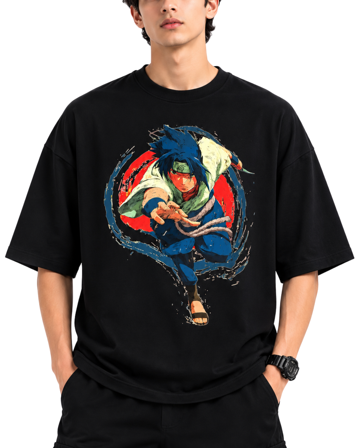 Men’s Oversized Drop Shoulder Cotton T-Shirt | Sasuke Uchiha Anime Graphic