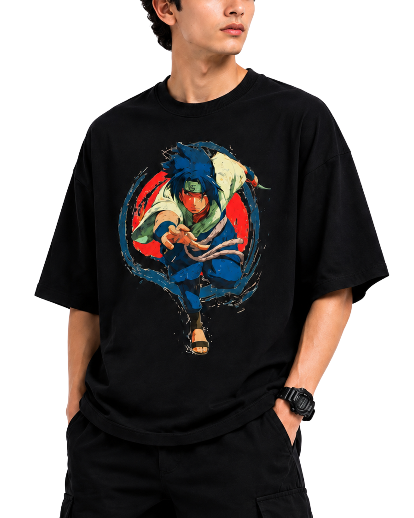 Men’s Oversized Drop Shoulder Cotton T-Shirt | Sasuke Uchiha Anime Graphic