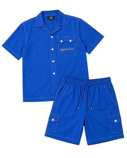 Men’s Button-Down Shirt & Cargo Shorts Set | Blue Co-Ord