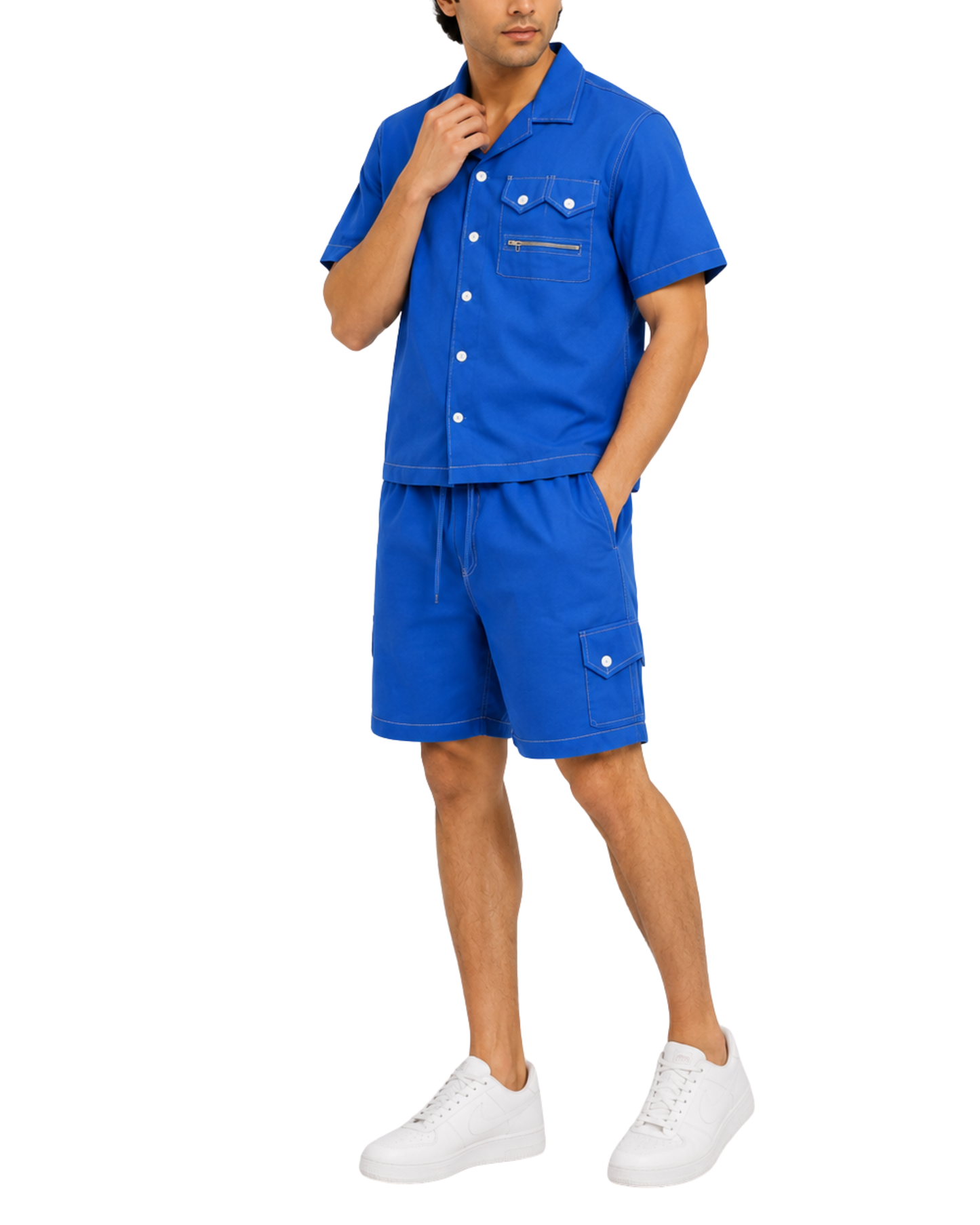 Men’s Button-Down Shirt & Cargo Shorts Set | Blue Co-Ord