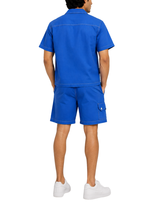Men’s Button-Down Shirt & Cargo Shorts Set | Blue Co-Ord