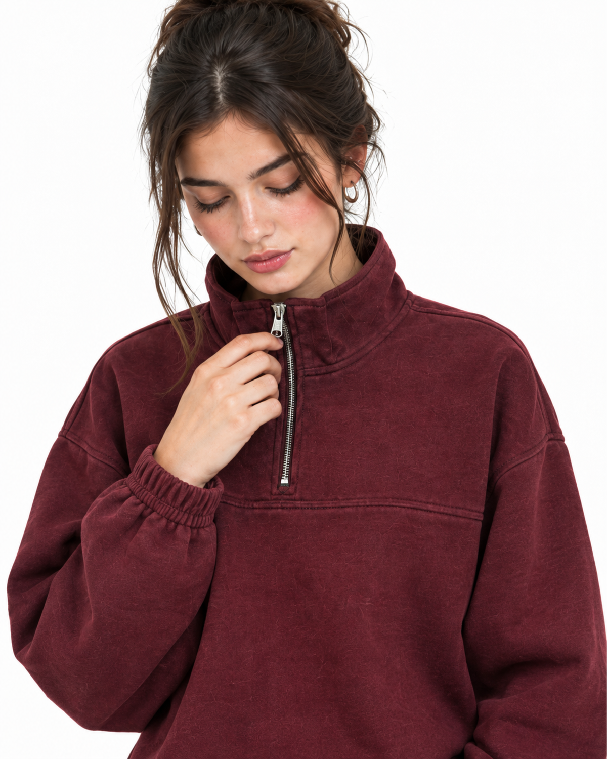 Women’s Quarter Zip Pullover Sweatshirt | Maroon Relaxed Fit