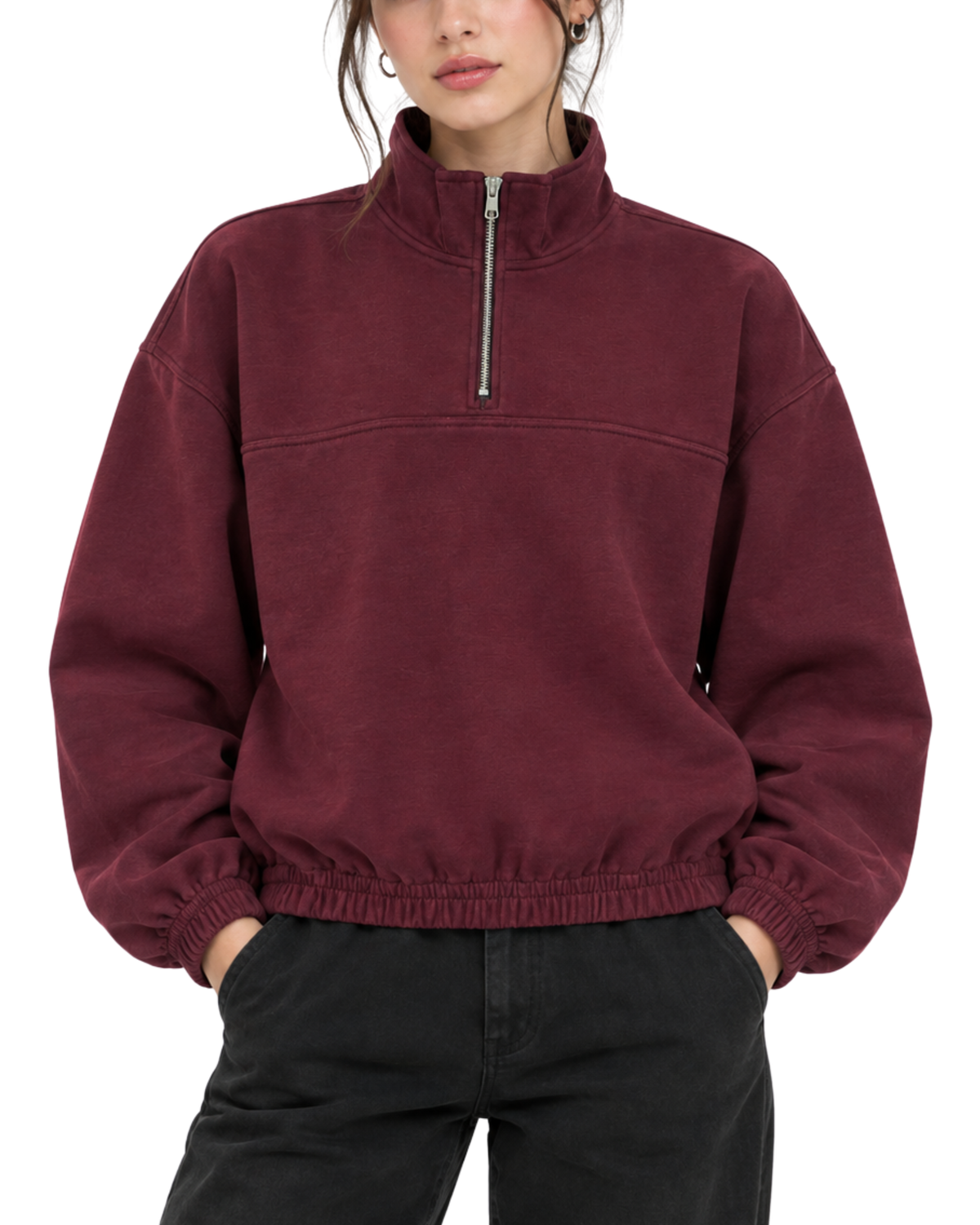 Women’s Quarter Zip Pullover Sweatshirt | Maroon Relaxed Fit