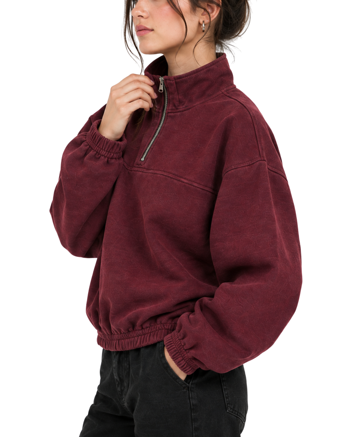 Women’s Quarter Zip Pullover Sweatshirt | Maroon Relaxed Fit