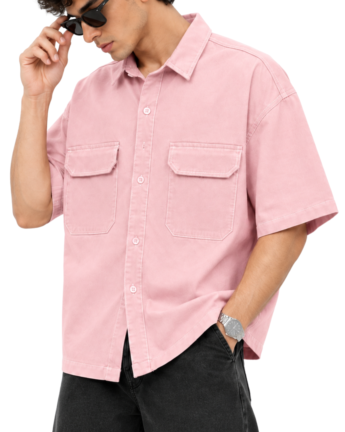 Men’s Boxy Fit Baggy Shirt | Cotton Jeans Pink Casual Shirt
