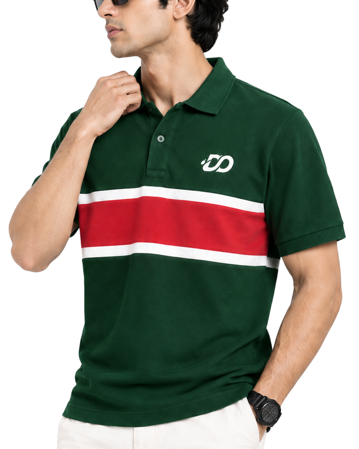 Men’s Green Piqué Polo Shirt | Red & White Color Block Stripe